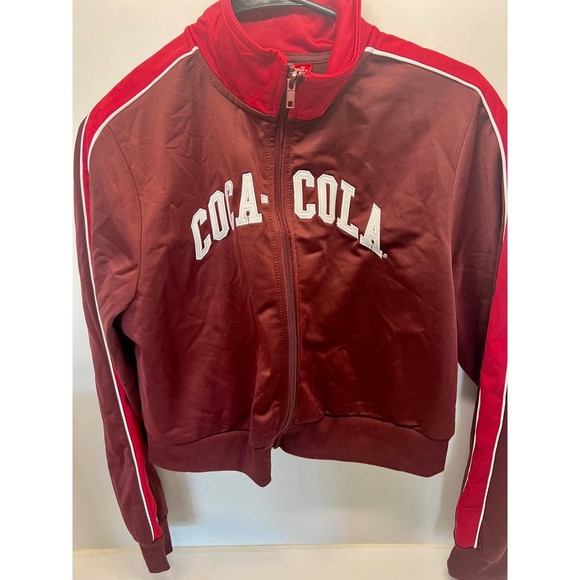 Women's Coca-Cola Graphic Burgundy Red Zip Up Crop Track Jacket Size Medium - Picture 1 of 3